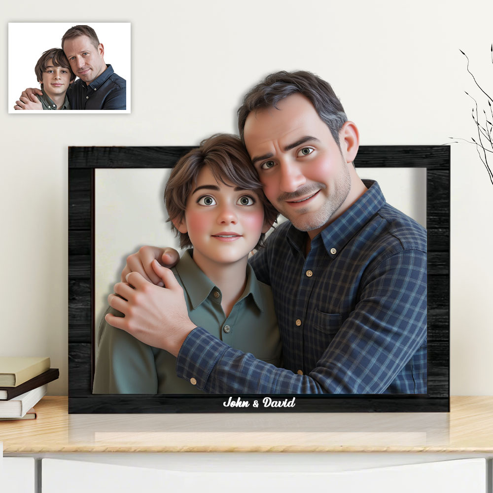 Unique 3D Cartoon Style Wooden Frame Personalized Family Photo Gift for Dad Father's Day Keepsake Sign