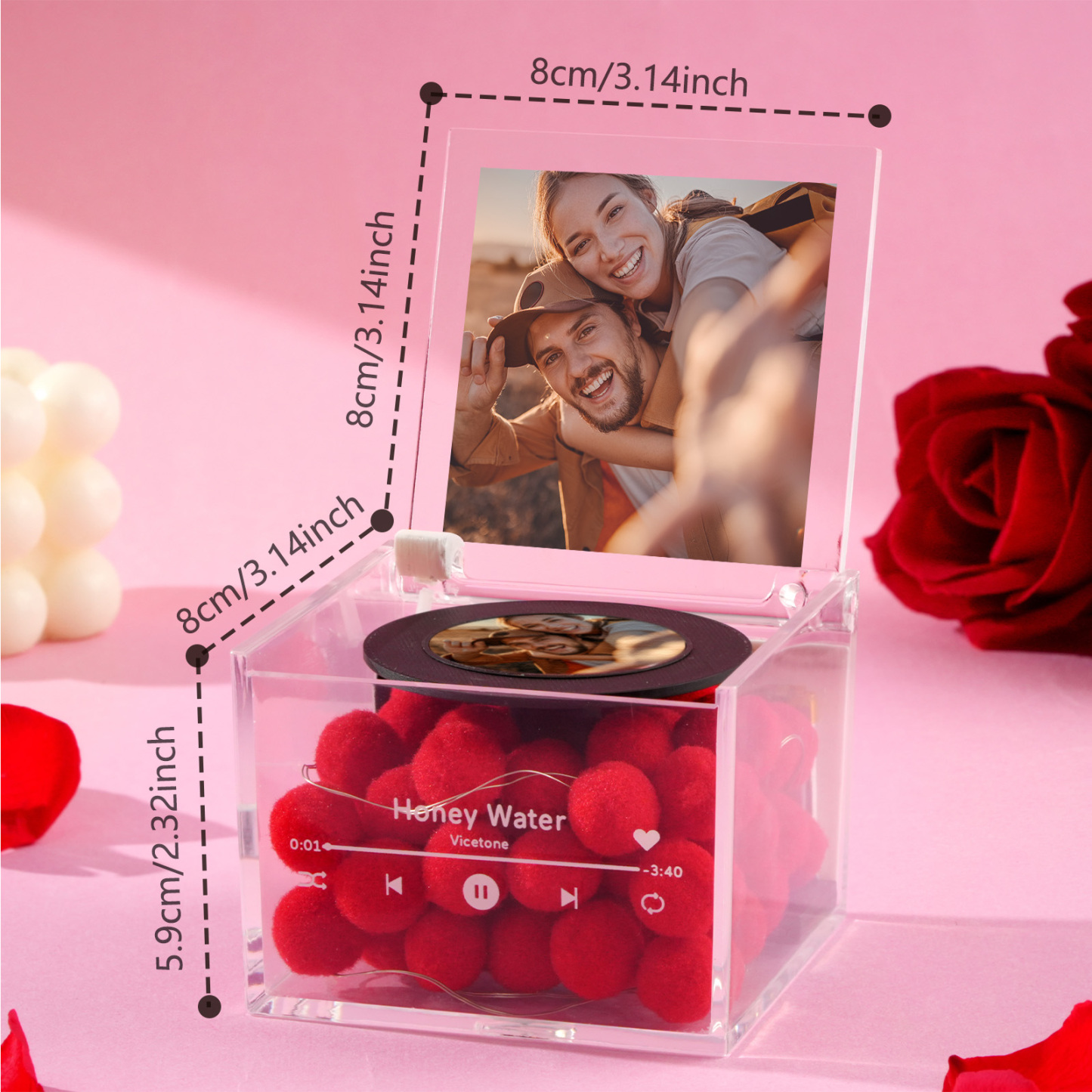 Personalized Red Heart Mini Music Record Player For Birthday Custom Names and Date in an Acrylic Box - namenecklace