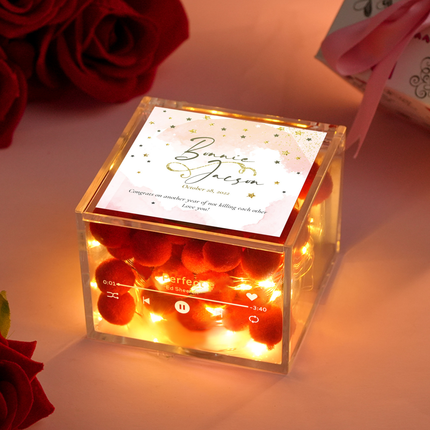 Anniversary Gifts Personalized Mini Music Record Player Custom Names and Calendar in an Acrylic Box - namenecklace