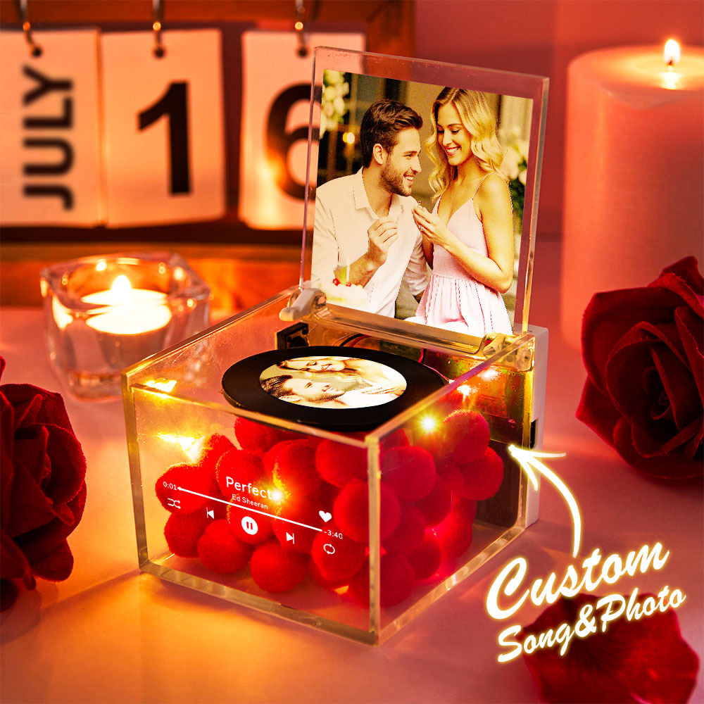 Anniversary Gifts Personalized Mini Music Record Player Custom Names and Calendar in an Acrylic Box - namenecklace