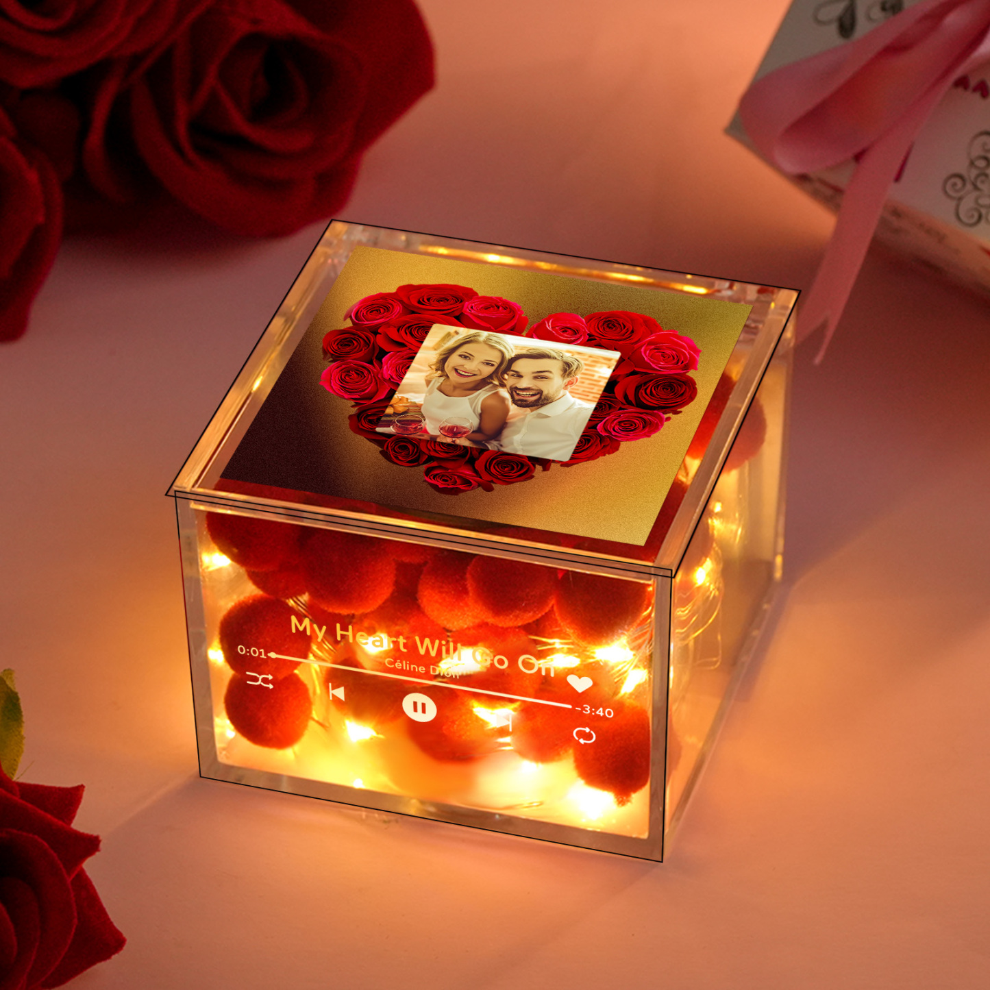 Custom Mini Vinyl Record Player Custom Red Heart Flower Style Photo Engraved Anniversary Gift for Couples - namenecklace