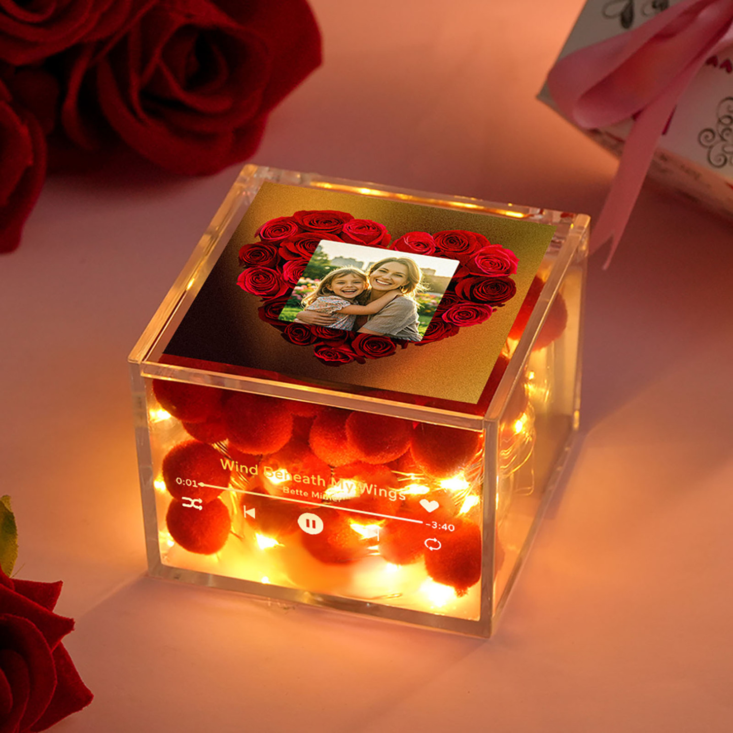 Custom Mini Vinyl Record Player Custom Red Heart Flower Style Photo Engraved Mother's Day Gift for Mum - namenecklace