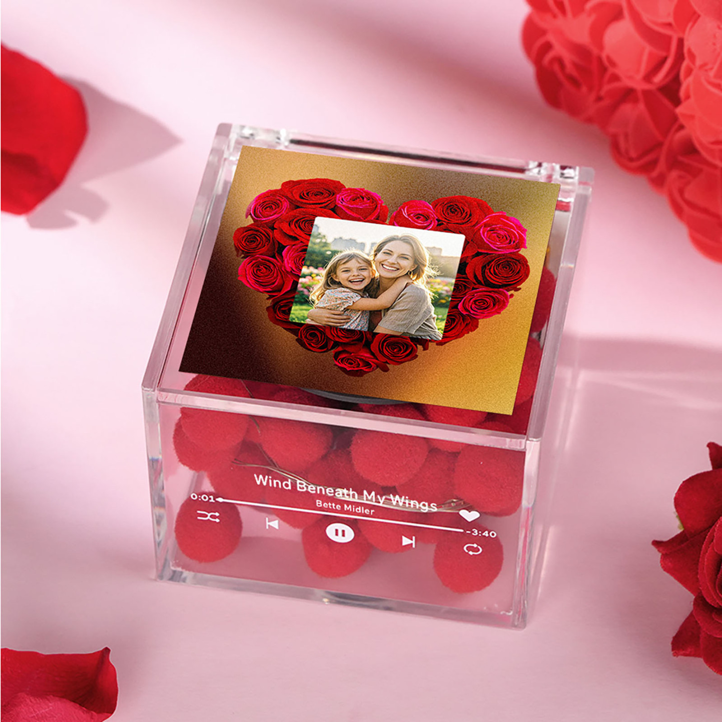 Custom Mini Vinyl Record Player Custom Red Heart Flower Style Photo Engraved Mother's Day Gift for Mum - namenecklace