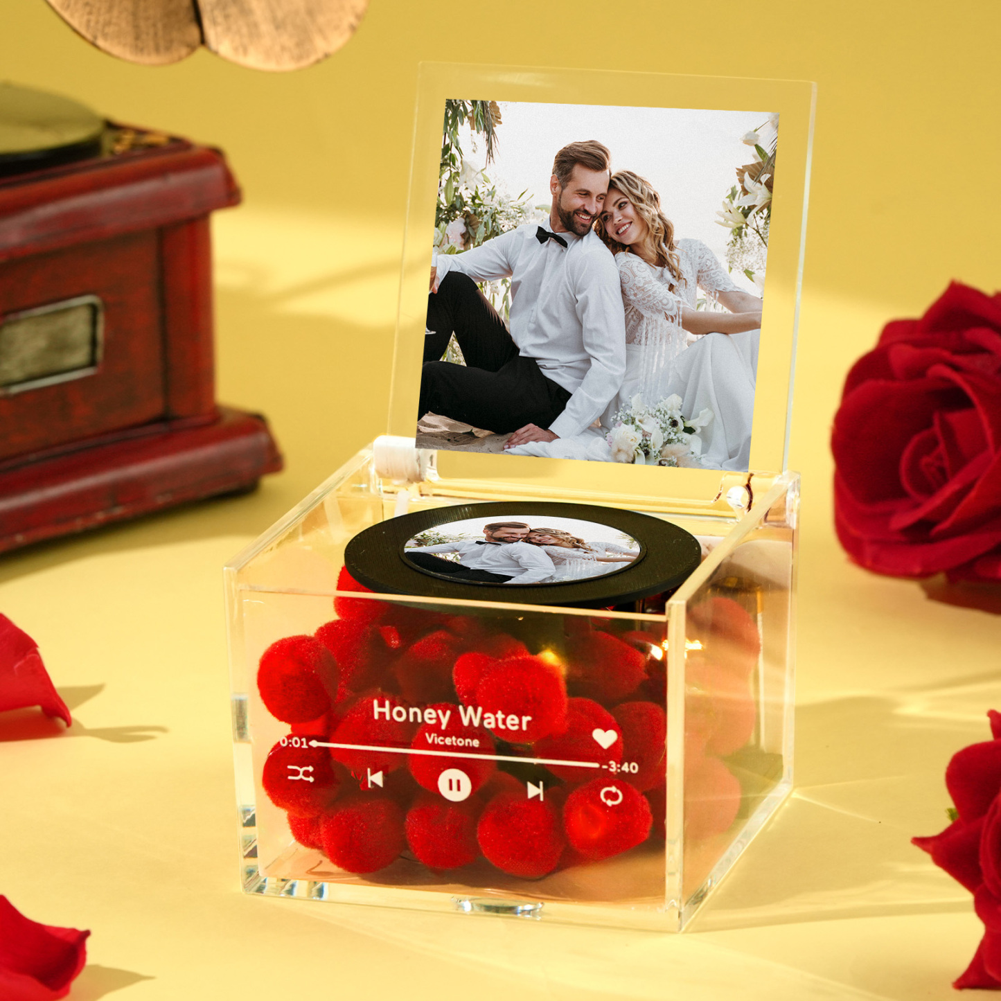 Custom Mini Vinyl Record Player Custom Red Heart Flower Style Photo Engraved Anniversary Gift for Couples - namenecklace