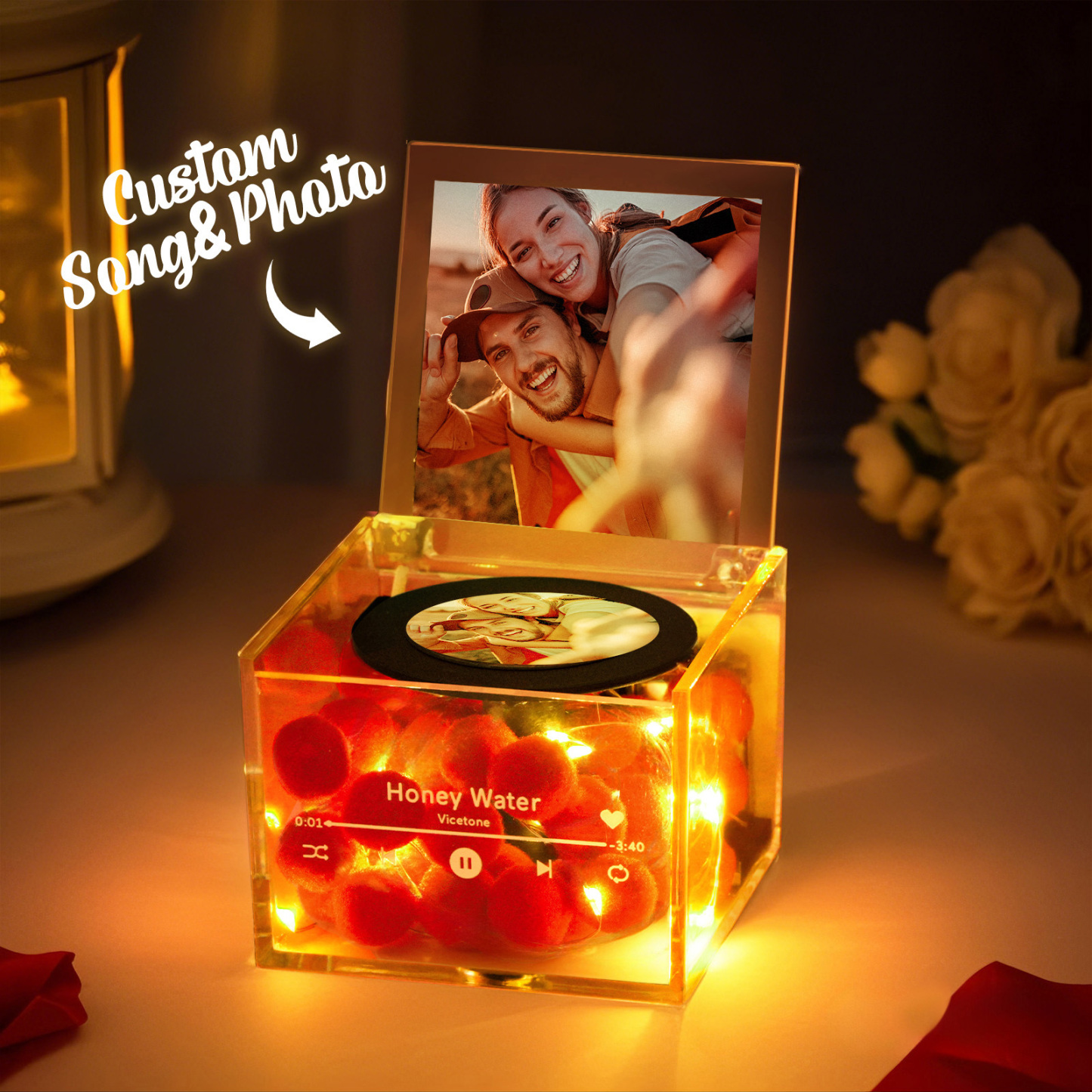 Custom Mini Vinyl Record Player Automatic Music Player Custom Photo Cover Style Engraved Anniversary Gift for Couples - namenecklace