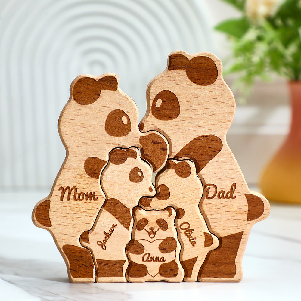 Custom Names Wooden Pandas Family Block Puzzle Home Decor Gifts - NameNecklace