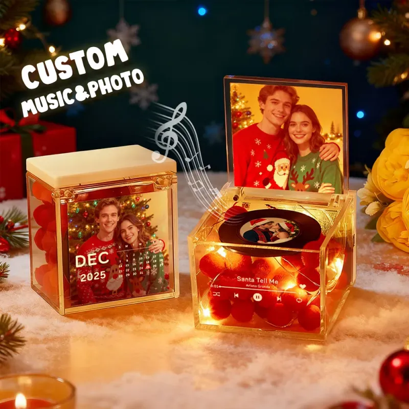 Mini Music Record Auto-Music Player Custom Photo with Light Personalized Music Acrylic Box - namenecklace