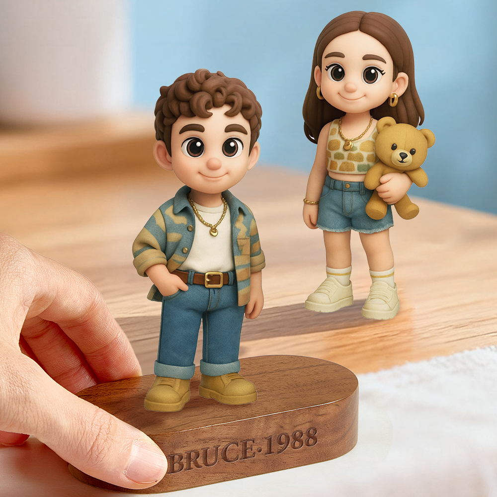 Valentine's Day gift Custom 3D Figurine Engraved Wooden Base Custom Name Personalized Message Solid Wood Stand for Home Decor & Anniversary Keepsake Gift - namenecklace