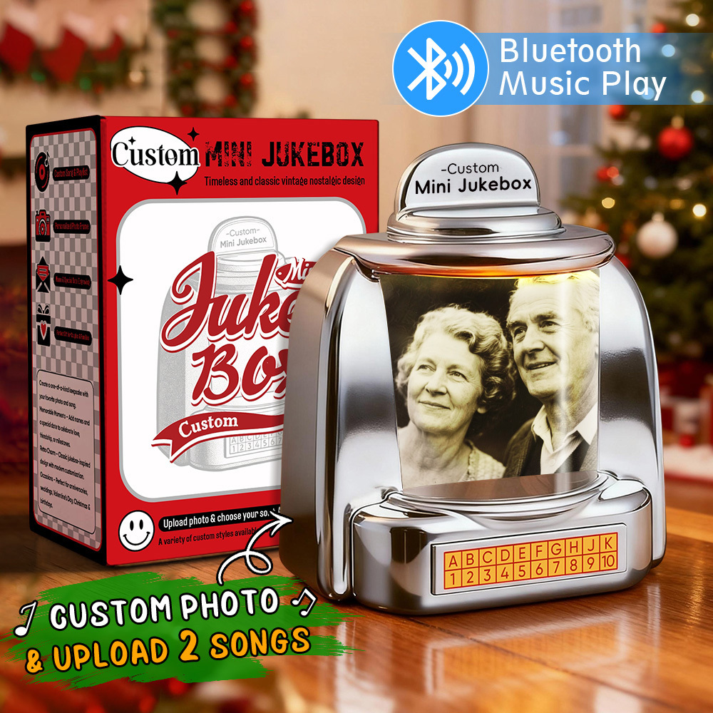 Custom Mini Jukebox Retro Speaker �C Personalized Photo & 2 Songs Mini Player with Radio | Vintage Tabletop Home Decor Nostalgic Gift