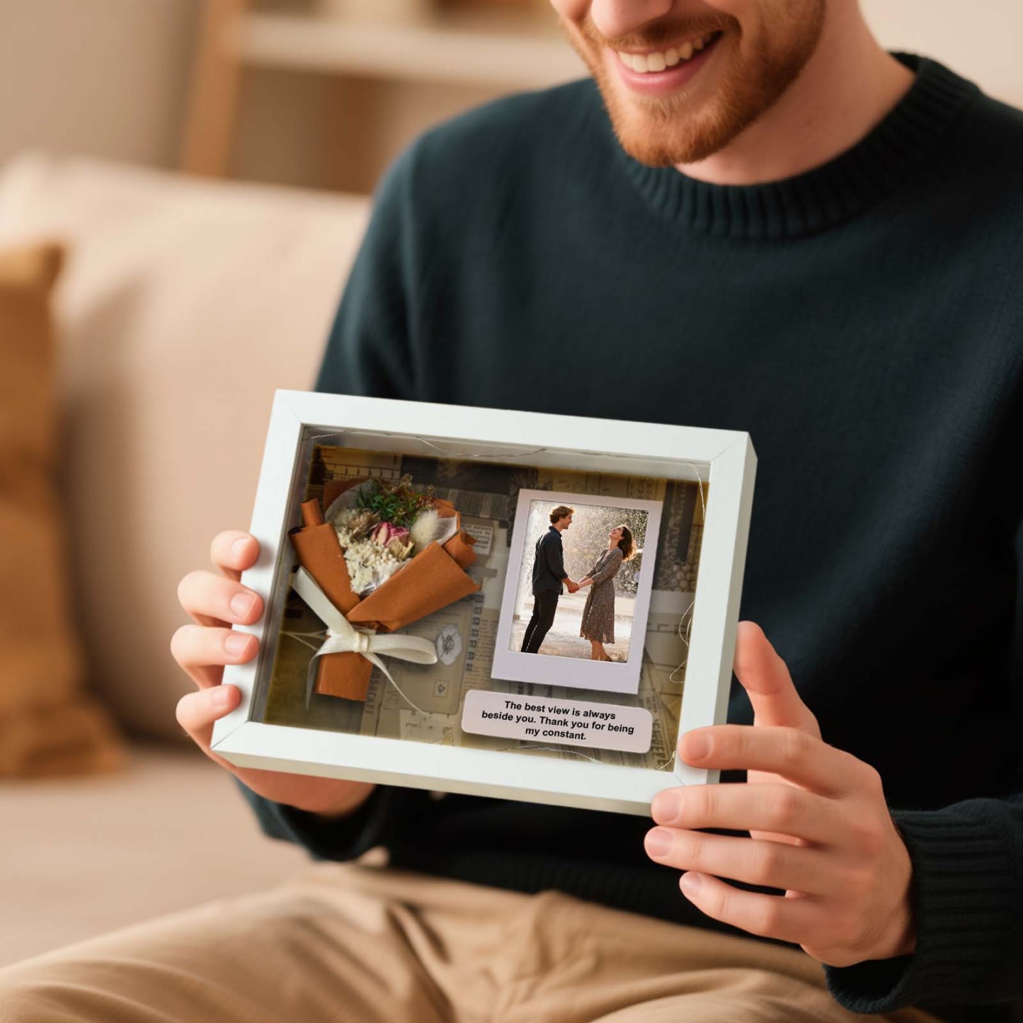 Personalized Photo & Message Mini Bouquet Light Box Frame Custom Printed Dried Flower LED Shadow Box Gift for Her