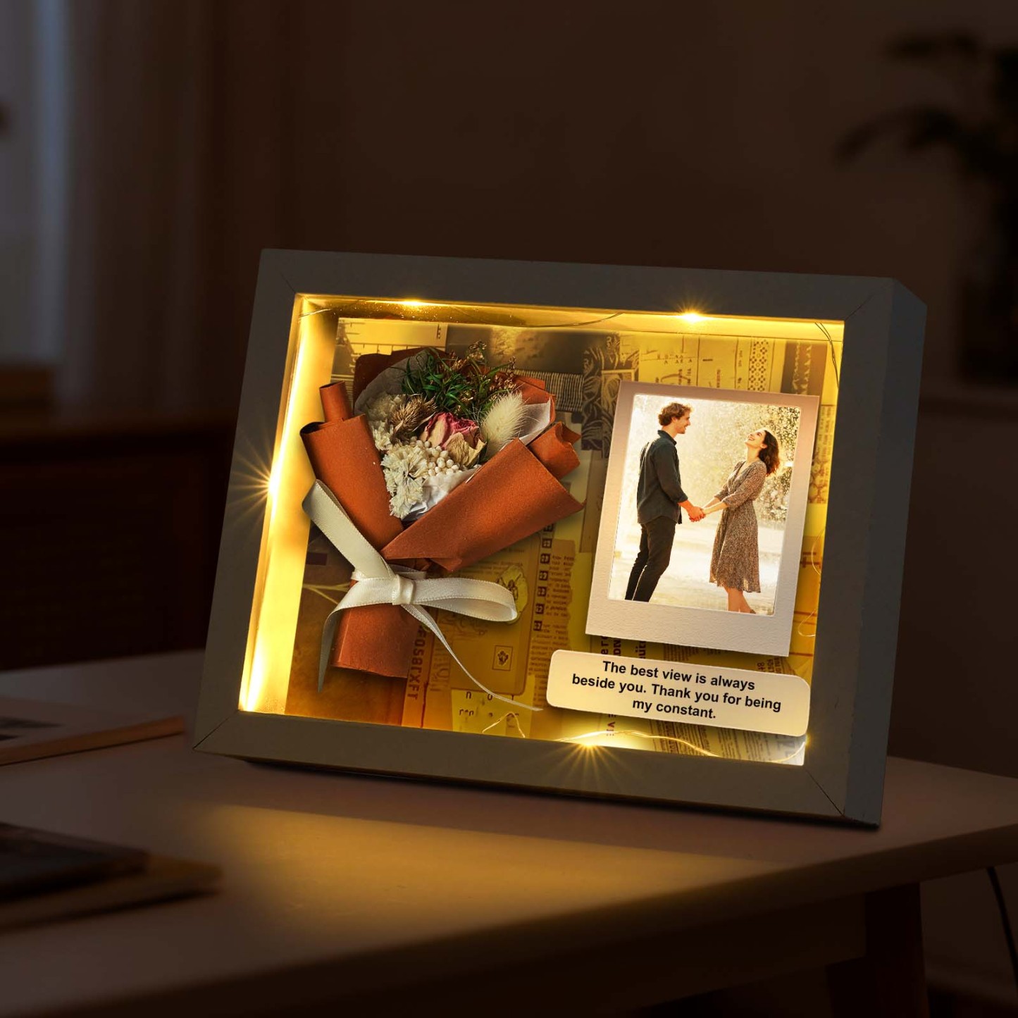 Personalized Photo & Message Mini Bouquet Light Box Frame Custom Printed Dried Flower LED Shadow Box Gift for Her