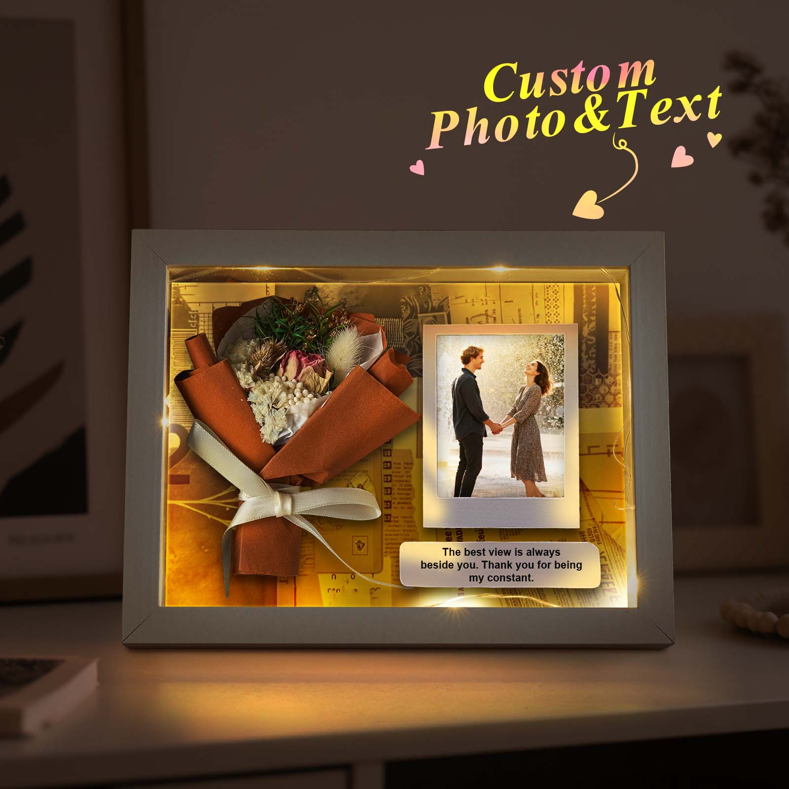 Personalized Photo & Message Mini Bouquet Light Box Frame Custom Printed Dried Flower LED Shadow Box Gift for Her