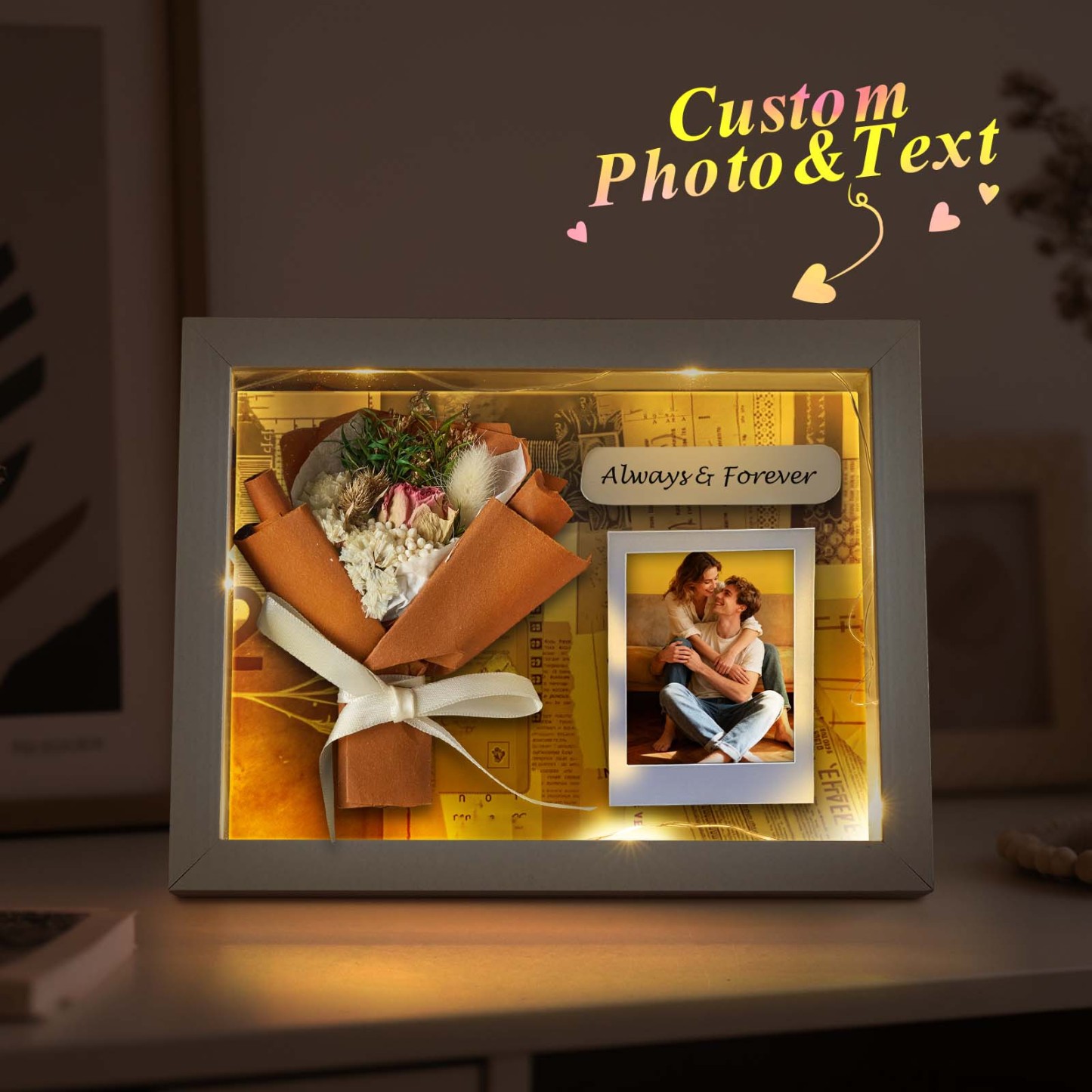 Personalized Photo & Message Mini Bouquet Light Box Frame Custom Printed Dried Flower LED Shadow Box Gift for Her