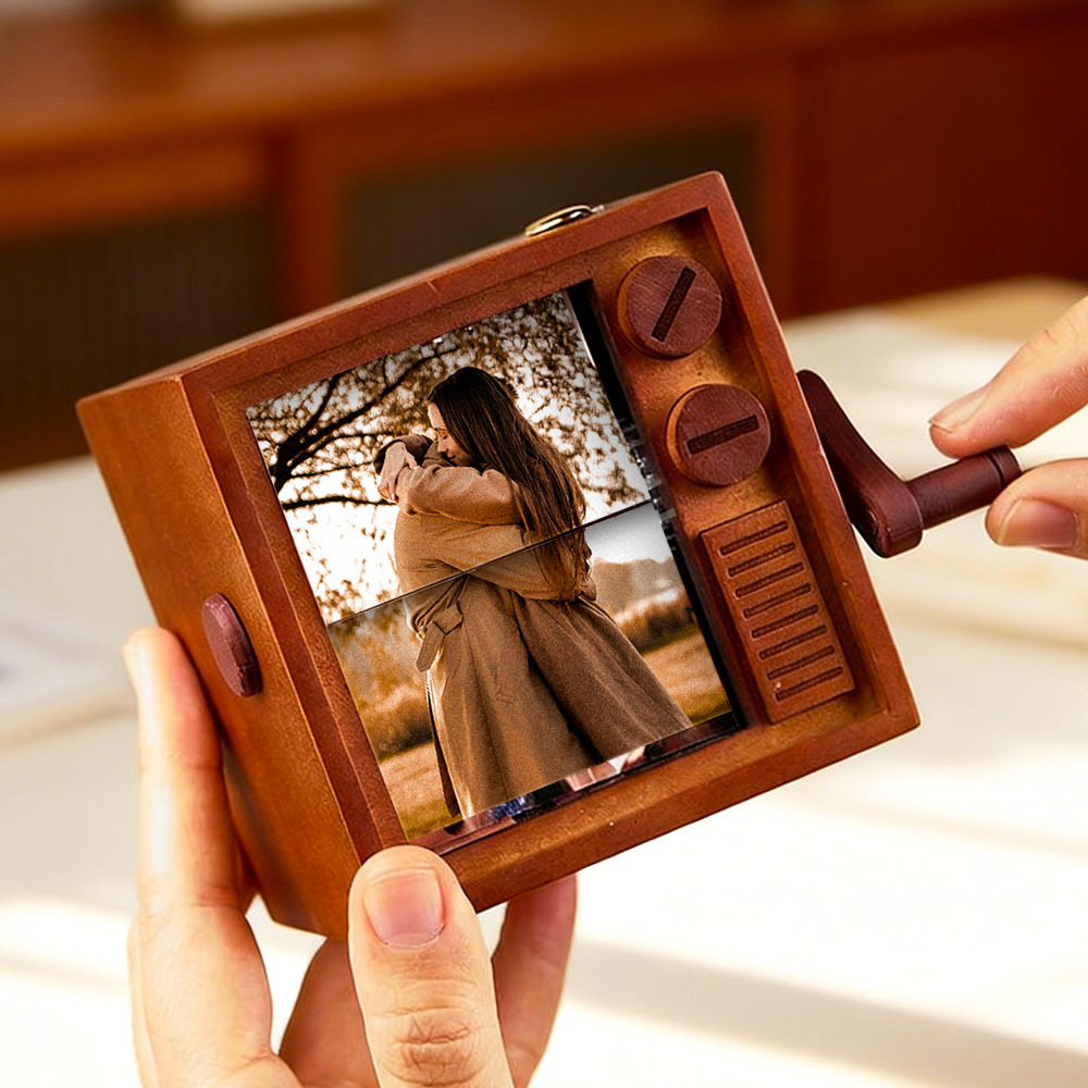 Custom Photo Flipbook Frame Animation Machine Mechanical Hand-cranked Flipbook Box with Light Black Walnut Valentine's Day Gifts - namenecklace