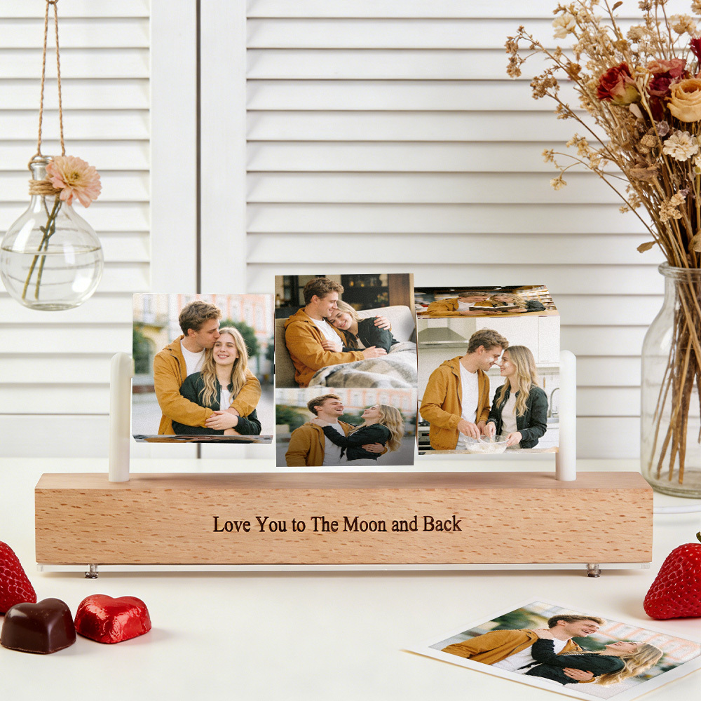 Personalized Wooden Photo Cubes on Stand Custom Photo Blocks Collage with Optional LED Light Base Three Flipping Wooden Photo Cubes