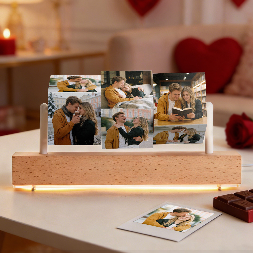 Personalized Wooden Photo Cubes on Stand Custom Photo Blocks Collage with Optional LED Light Base Three Flipping Wooden Photo Cubes