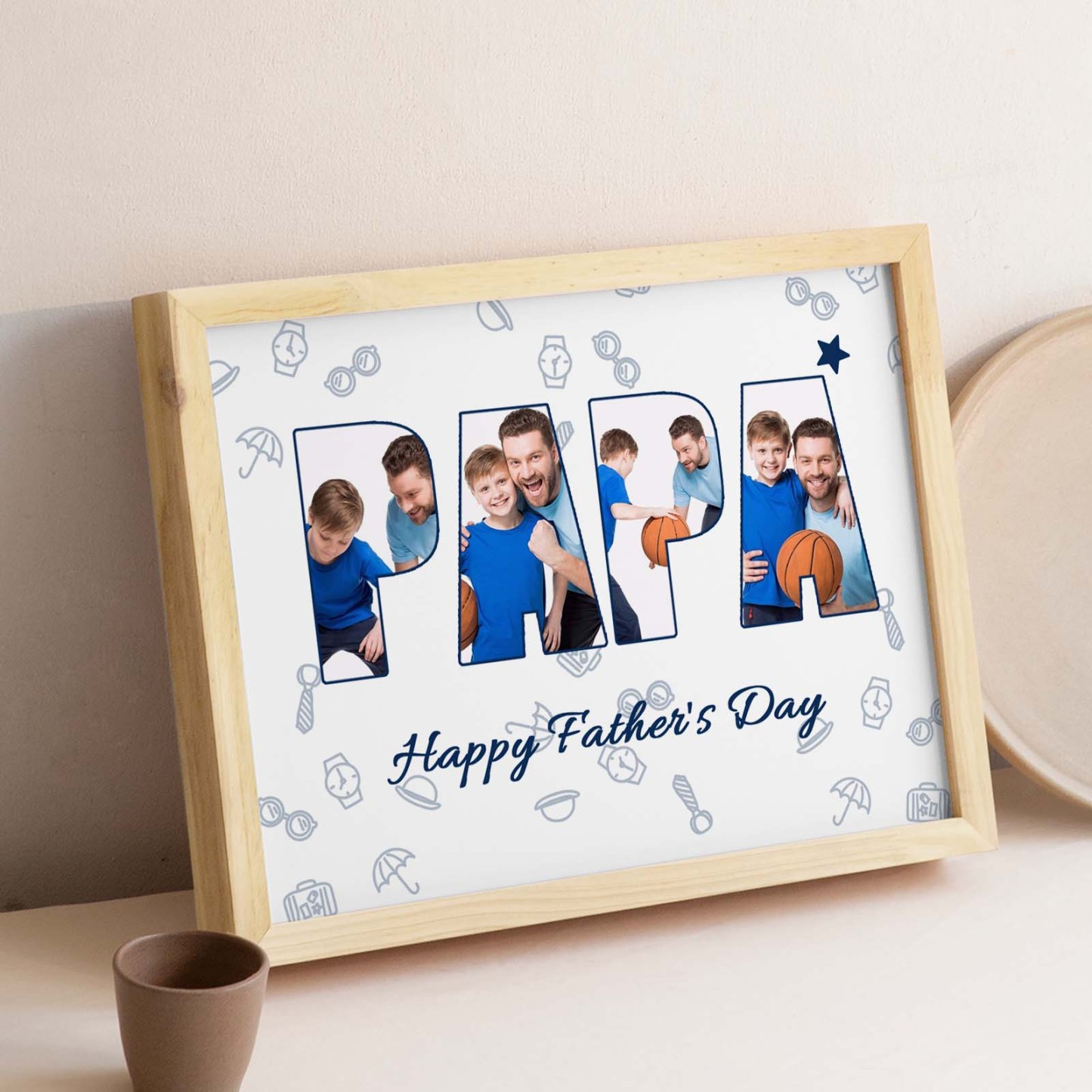 Custom Photo Papa Wooden Frame Personalized Text Gift for Father - NameNecklace