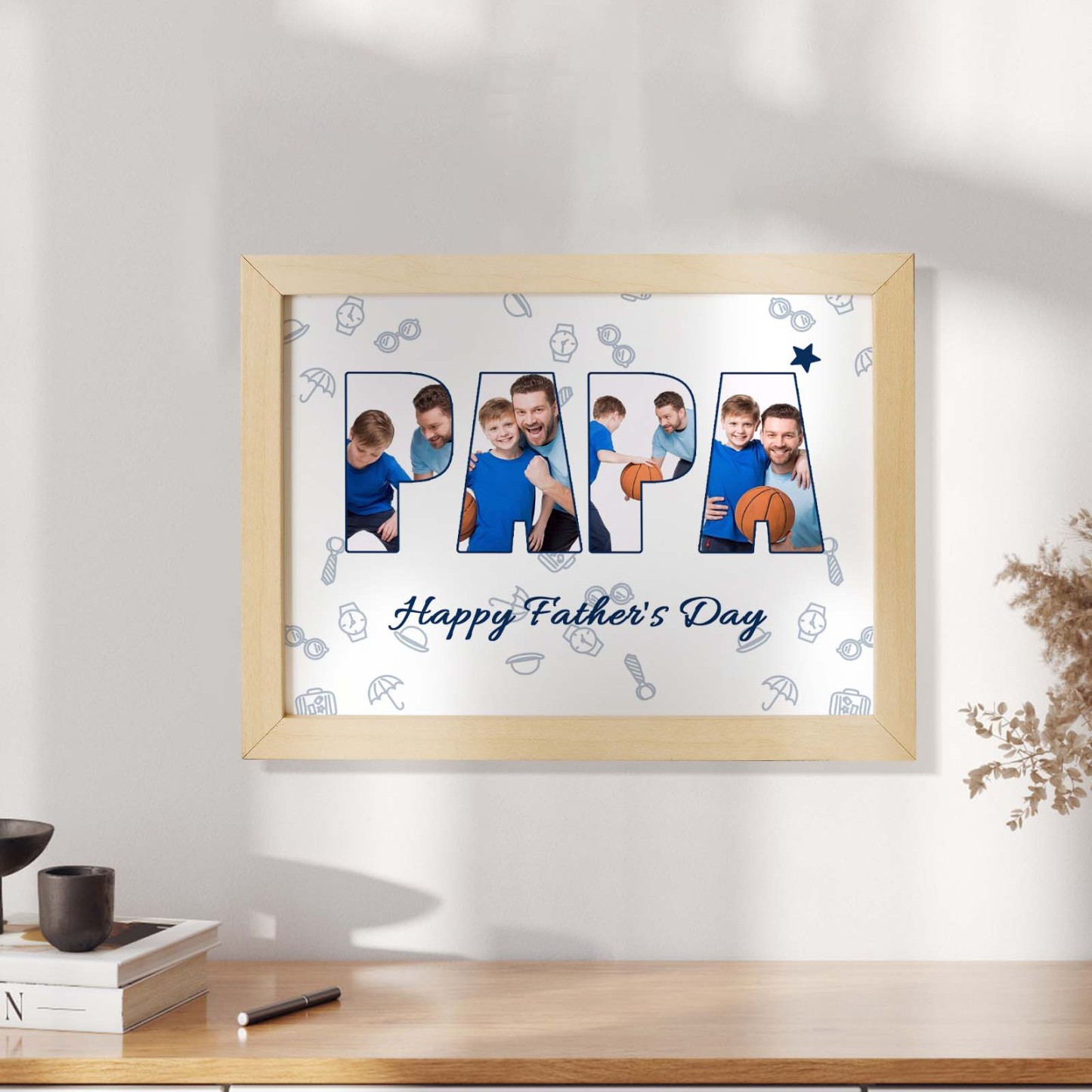 Custom Photo Papa Wooden Frame Personalized Text Gift for Father - NameNecklace