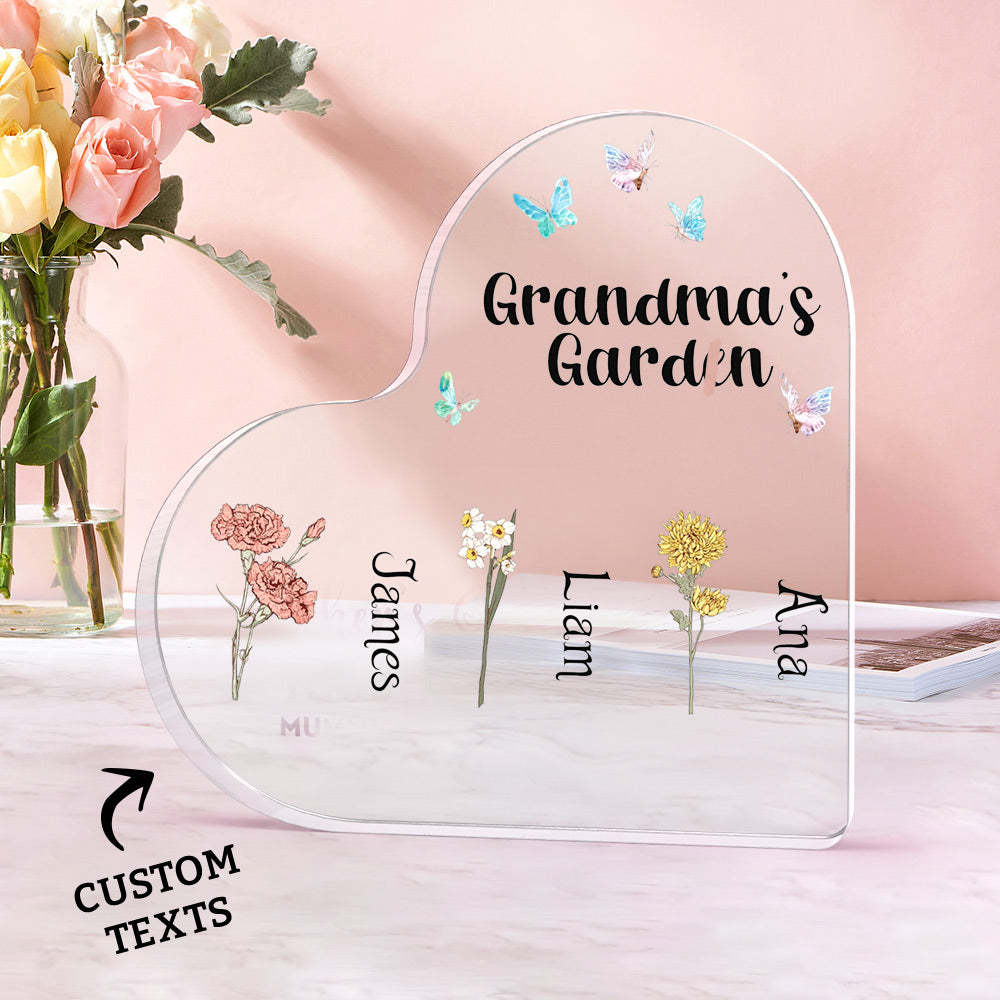 Custom Heart Shaped Acrylic Signs 1-6 Personalized Names Grandma's Garden Mother's Day Gift - NameNecklace