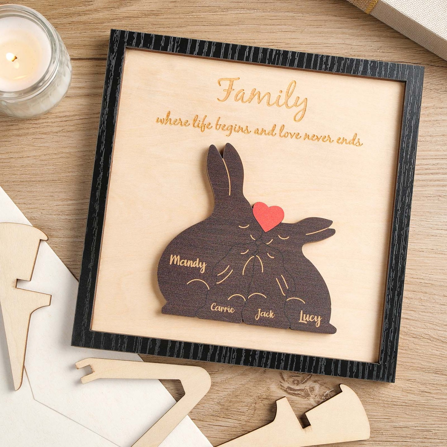 Custom Name Rabbit Family Puzzle Wooden Frame Personalized Wooden Home Decorations Motther's Day Gift - NameNecklace