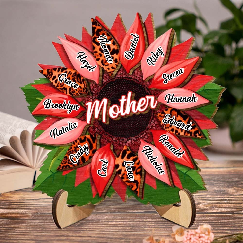 Nana, Mom, Auntie Sunflower - Birthday, Loving Gift for Mom, Grandma Family Home Decor Personalized 2 Layered Wooden Plaque With Stand - NameNecklace