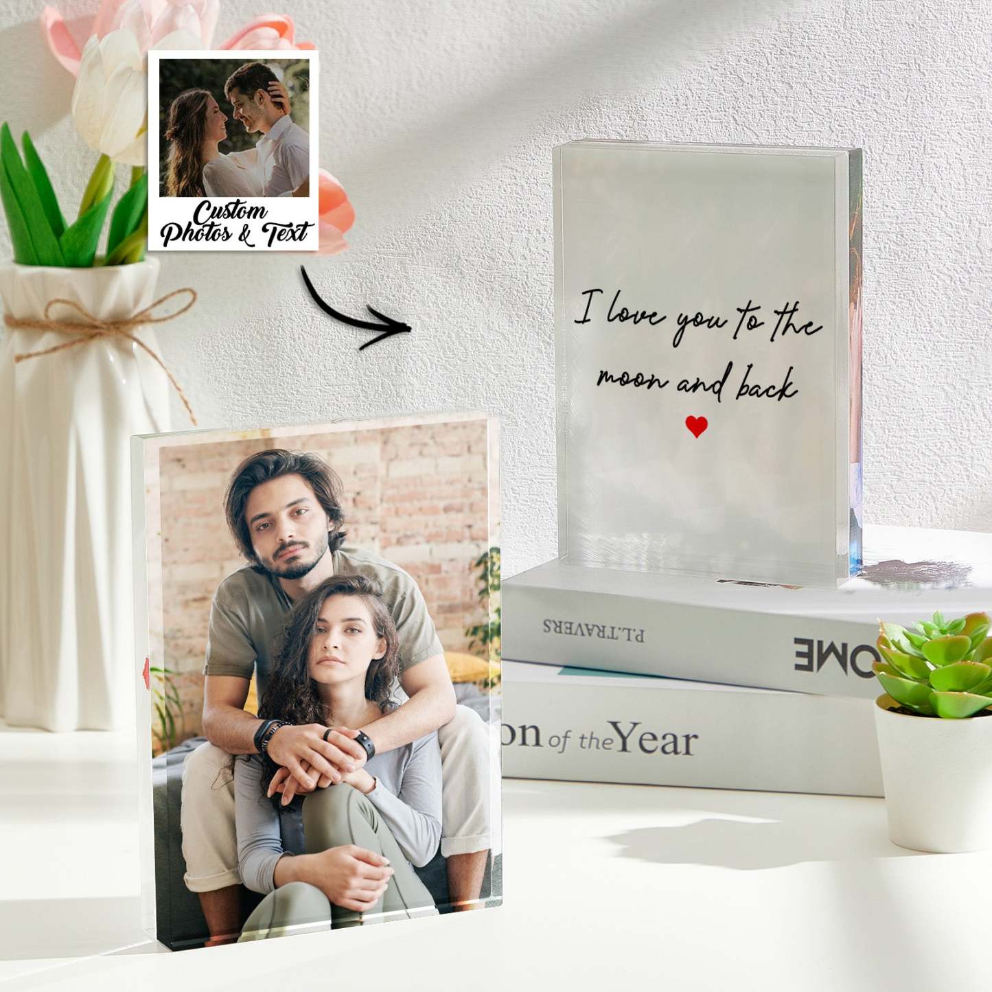 Custom Photo Acrylic Crystal Block with Personalized Text Gift for Couples Valentine's Gift -