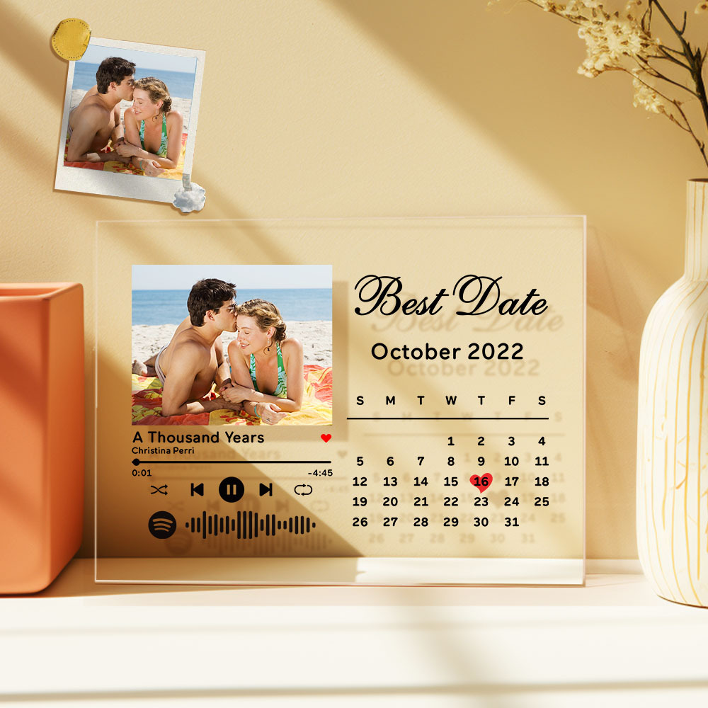 Custom Best Date Photo Calendar Plaque Acrylic Spotify Song Decor Anniversary Gift For Couples