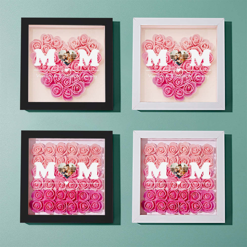 Custom Photo Flower Shadow Box Personalized Heart Gradient Pink Flower Shadowbox Frame Gift for Mom - NameNecklace