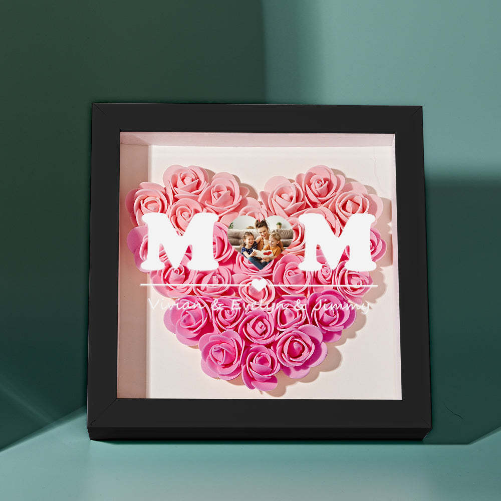 Custom Photo Flower Shadow Box Personalized Heart Gradient Pink Flower Shadowbox Frame Gift for Mom - NameNecklace