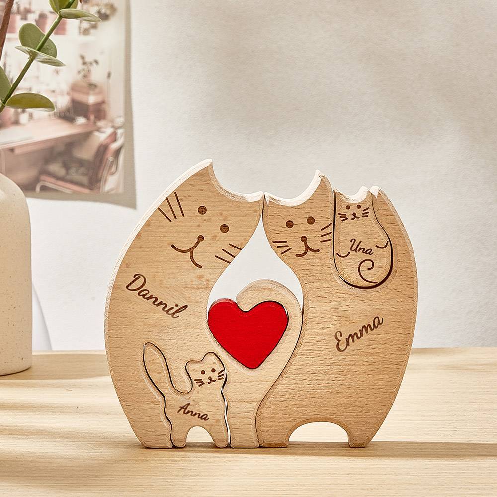 Personalized Wooden Cats Custom Family Member Names Puzzle Home Decor Gifts - NameNecklace