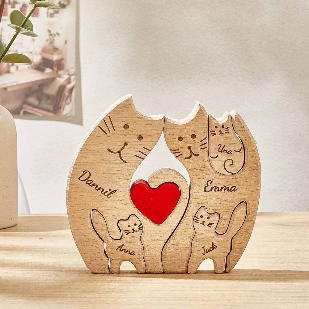 Personalized Wooden Cats Custom Family Member Names Puzzle Home Decor Gifts - NameNecklace