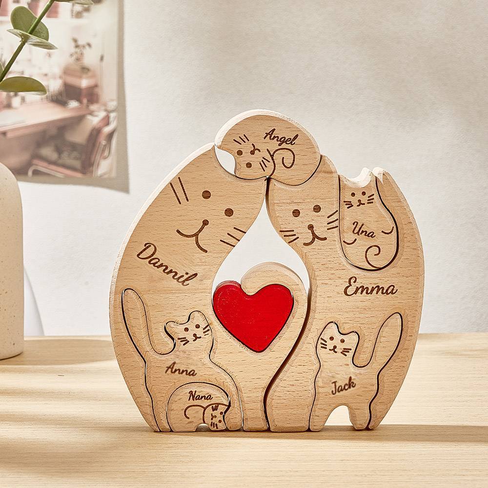 Personalized Wooden Cats Custom Family Member Names Puzzle Home Decor Gifts - NameNecklace
