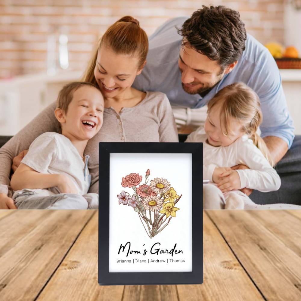 Personalized Birth flower Bouquet Black Names Frame Gift for Mom - NameNecklace