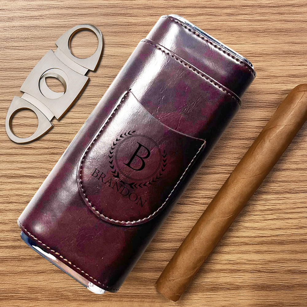 Personalized Cigar Case, Leather Cigar Holder with Cutter, Cigar Travel Case, Groomsmen Gifts, Gift for Dad Husband Gift for Him