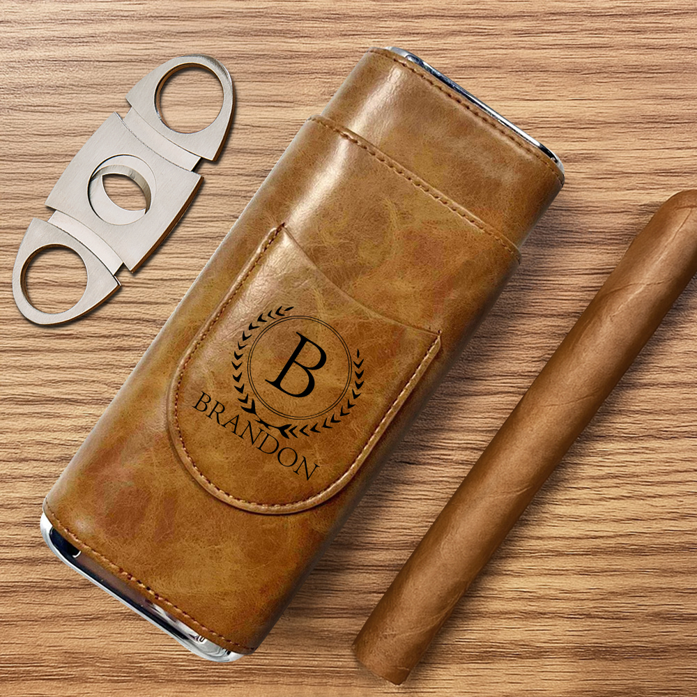Personalized Cigar Case, Leather Cigar Holder with Cutter, Cigar Travel Case, Groomsmen Gifts, Gift for Dad Husband Gift for Him