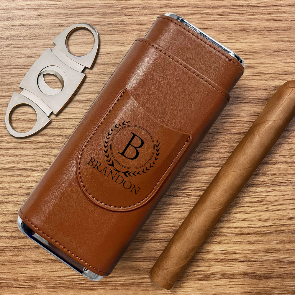 Personalized Cigar Case, Leather Cigar Holder with Cutter, Cigar Travel Case, Groomsmen Gifts, Gift for Dad Husband Gift for Him