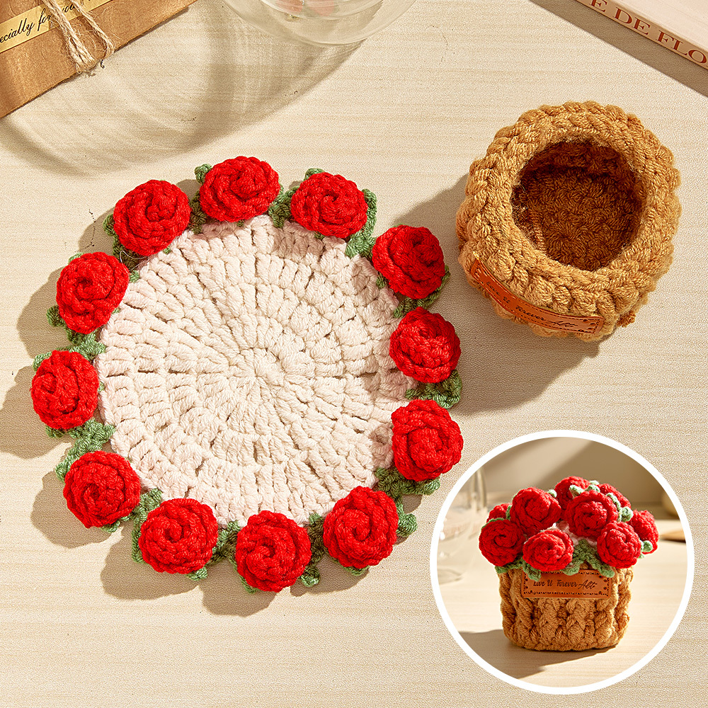 Mother's Gifts Handmade Crochet Rose Bouquet Coaster Set Transformable Floral Coaster & Home Decor Unique Eco-Friendly Gift