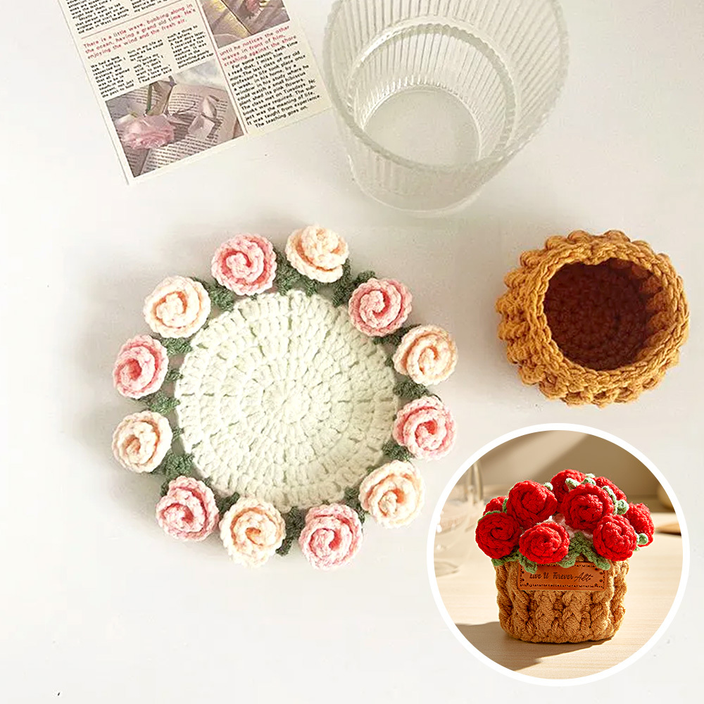 Mother's Gifts Handmade Crochet Rose Bouquet Coaster Set Transformable Floral Coaster & Home Decor Unique Eco-Friendly Gift