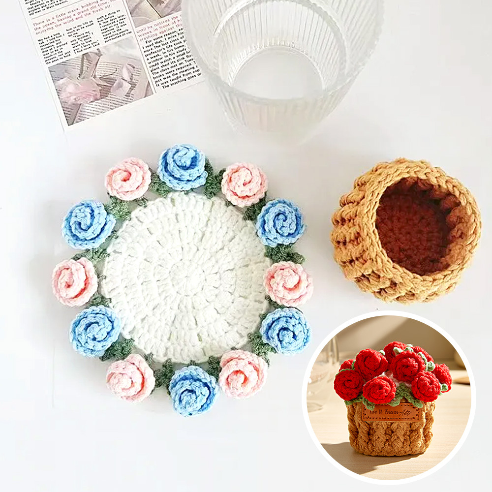 Mother's Gifts Handmade Crochet Rose Bouquet Coaster Set Transformable Floral Coaster & Home Decor Unique Eco-Friendly Gift