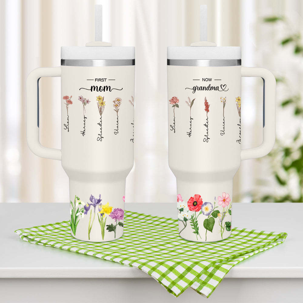Personalized First Mom Now Grandma 40oz Tumbler with Straw Birthday Gift for Grandma - NameNecklace
