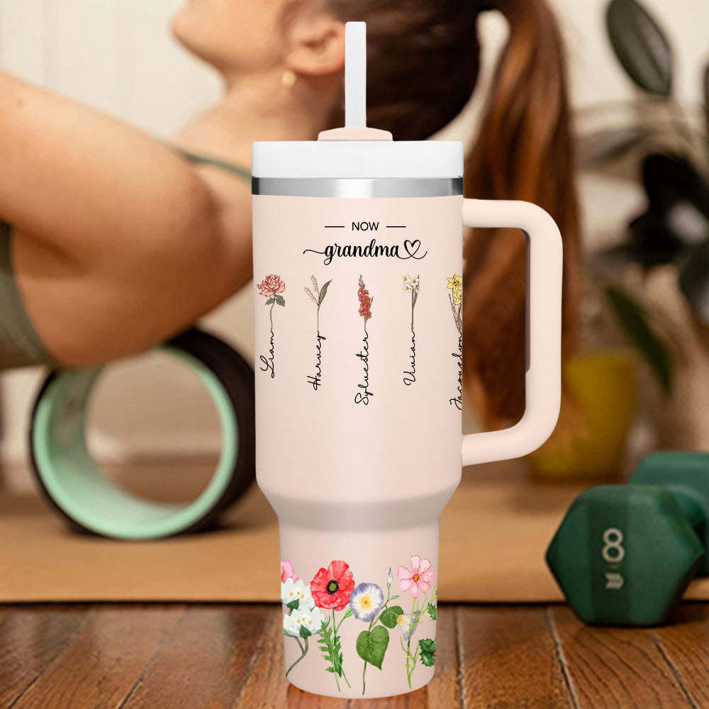 Personalized First Mom Now Grandma 40oz Tumbler with Straw Birthday Gift for Grandma - NameNecklace