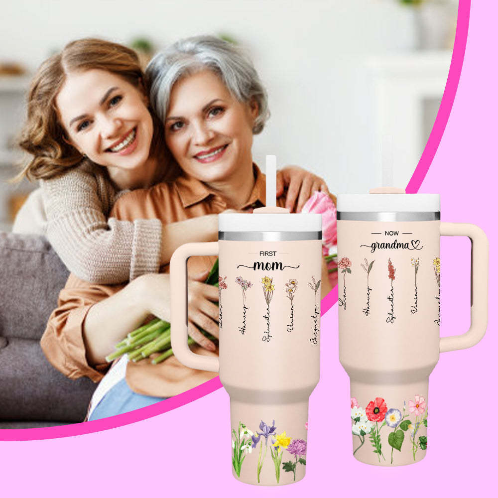 Personalized First Mom Now Grandma 40oz Tumbler with Straw Birthday Gift for Grandma - NameNecklace