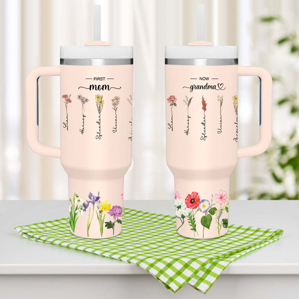 Personalized First Mom Now Grandma 40oz Tumbler with Straw Birthday Gift for Grandma - NameNecklace