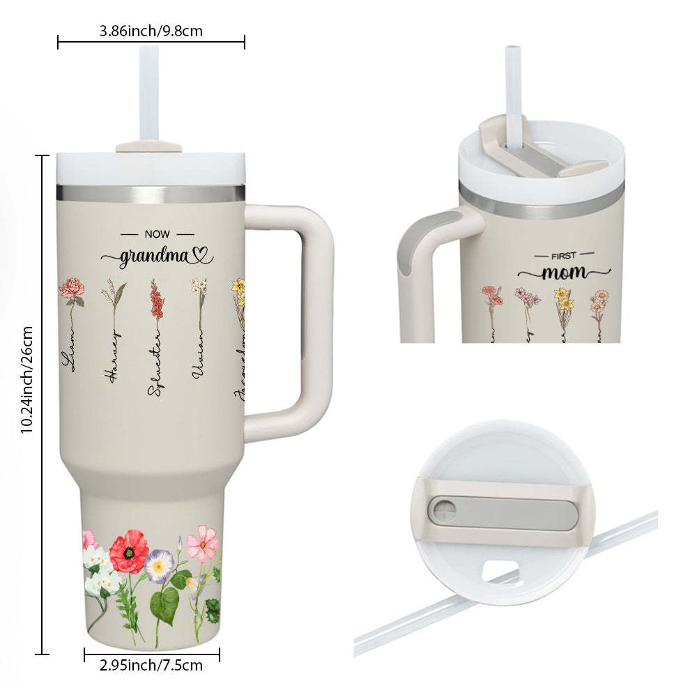 Personalized First Mom Now Grandma 40oz Tumbler with Straw Birthday Gift for Grandma - NameNecklace