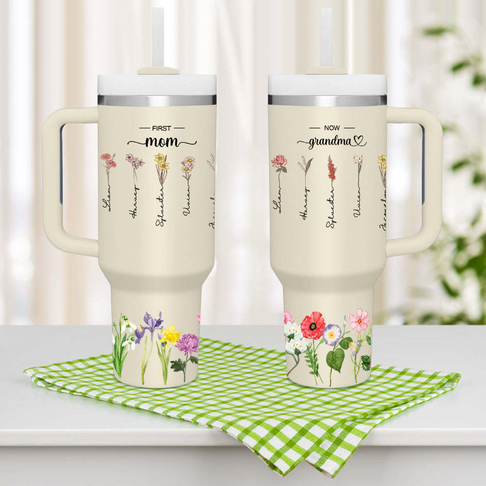 Personalized First Mom Now Grandma 40oz Tumbler with Straw Birthday Gift for Grandma - NameNecklace