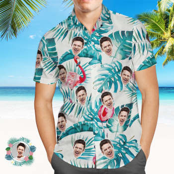 Custom Face Hawaiian Shirt Summer Flamingo Green Leaves Face Hawaiian Shirt - NameNecklace