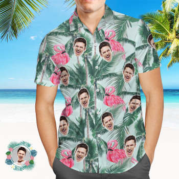 Custom Face Hawaiian Shirt Green Coconut Tree Flamingo Hawaiian Shirt Tropical Style Shirt - NameNecklace