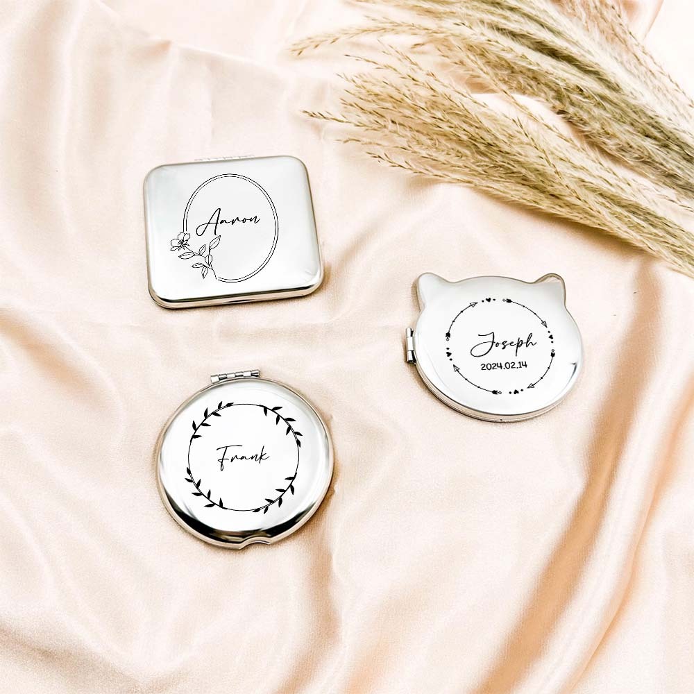 Personalized Engraved Silver Compact Mirror Favor, Custom Engraved Name Pocket Mirror, Gift for Her, Bridesmaid Gifts, Wedding Party Gifts - NameNecklace