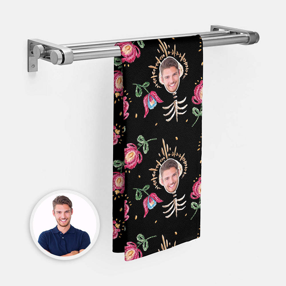 Custom Face Bone Flowers Beach Towel Personalized Photo Beach Towel Funny Gift