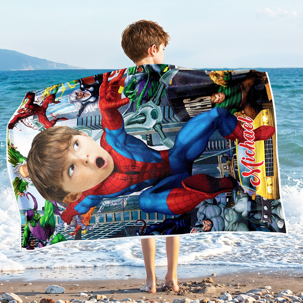 Custom Photo Beach Towel, Running Spider-Man Swimming Towel, Quick Dry Bath Towel